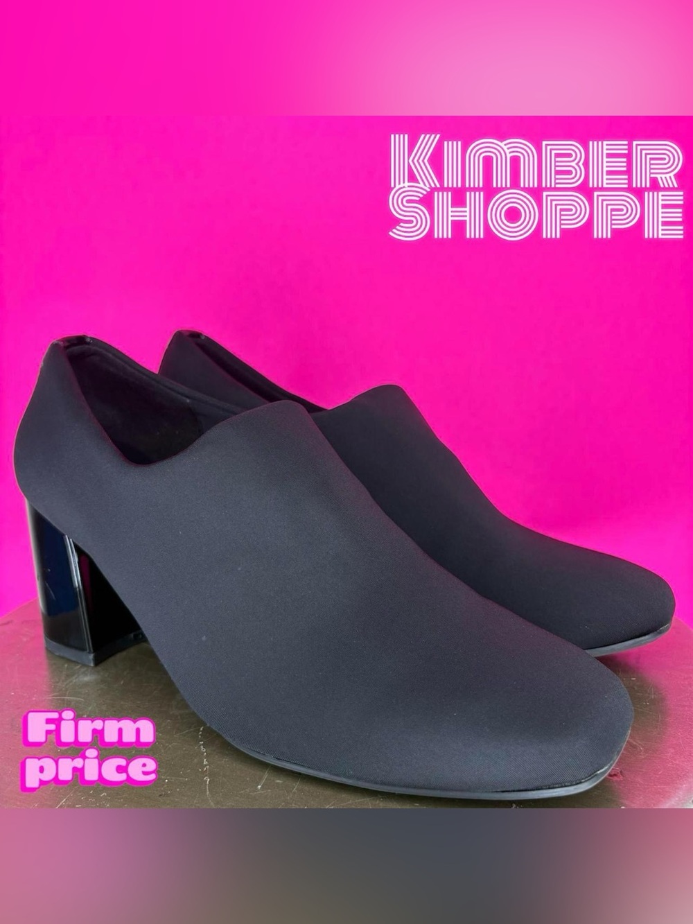 Anne Klein Tracy Black Stretch Neoprene Square Toe Slip-On Block Heel Pump US 6
